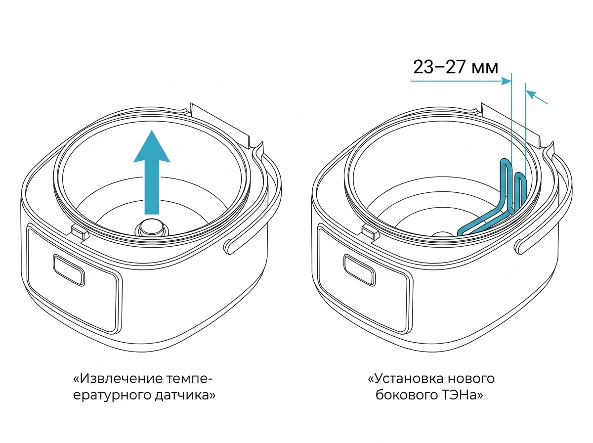 Замена бокового ТЭНа мультиварки Panasonic: датчик температуры извлекается движением вверх, а новый ТЭН устанавливается с отступом 23–27 мм от верхнего края корпуса