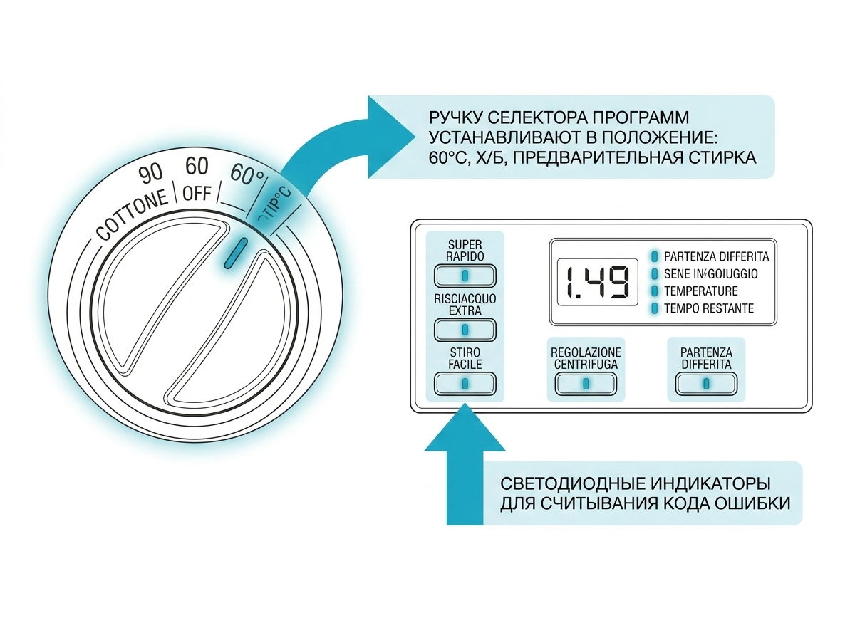 Панель управления Candy Activa Smart: положение селектора программ и индикаторы, по которым считывают код ошибки в тестовом режиме