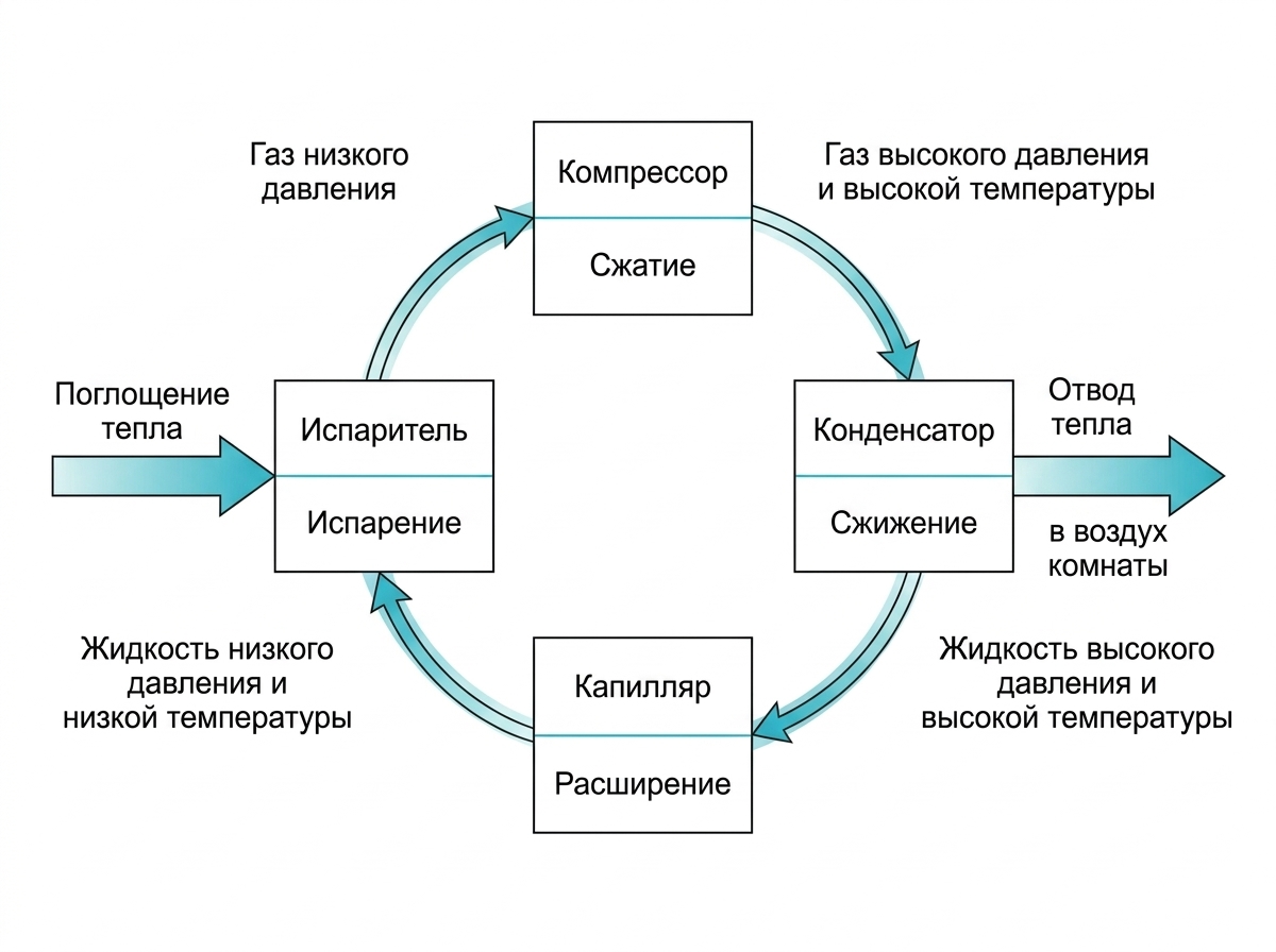 Холодильник не «производит холод», а перекачивает тепло из камеры в кухню: компрессор сжимает хладагент, конденсатор сзади отдаёт тепло воздуху комнаты, капилляр сбрасывает давление, и уже в испарителе хладагент забирает тепло у продуктов. Чем жарче вокруг, тем труднее конденсатору отдать тепло — отсюда и климатические классы SN, N, ST, T.