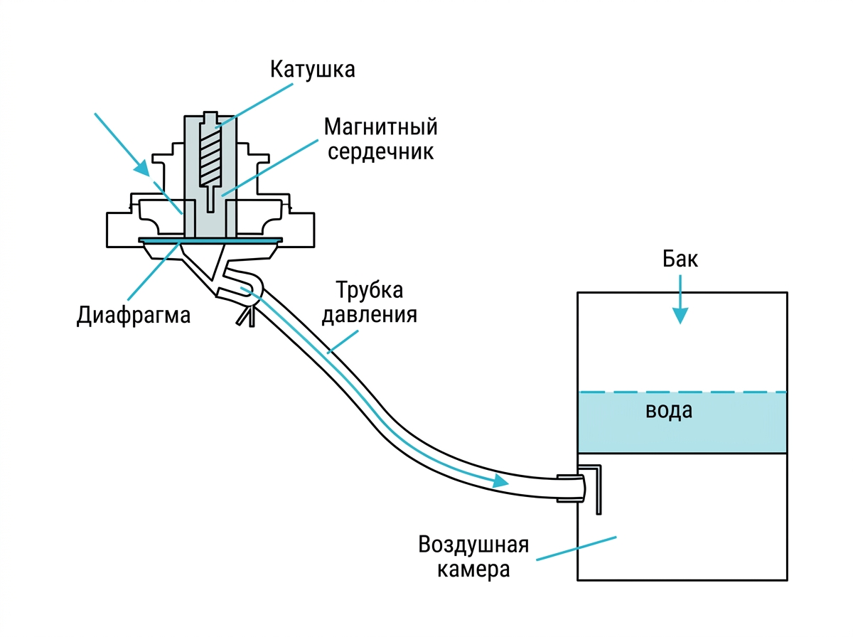 Как устроен датчик уровня воды (прессостат): диафрагма и катушка реагируют на давление воздуха в трубке, идущей от воздушной камеры бака — так машина «видит», сколько воды набрано