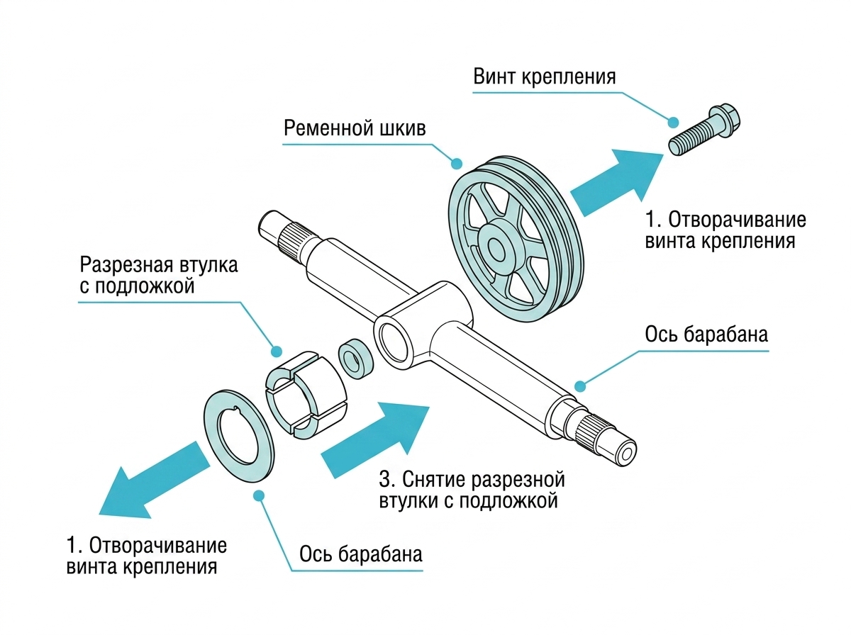 Узел крепления ременного шкива барабана (на примере Gorenje): шкив сидит на оси через разрезную втулку и стянут винтом. Когда втулка изнашивается, шкив начинает люфтить и перекашиваться — ремень слетает или рвётся. Лечится заменой втулки с подложкой, а при выработке ручья — и самого шкива.