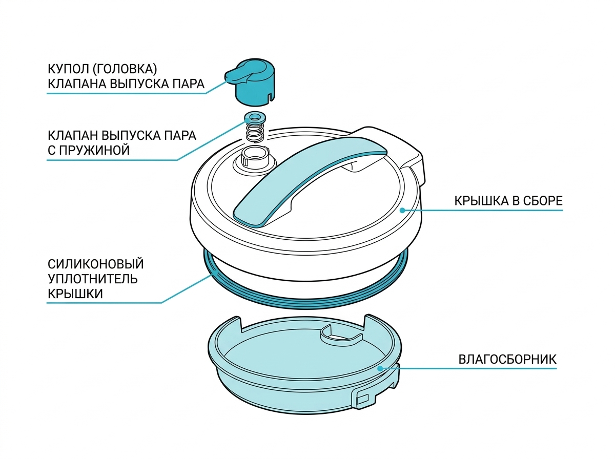 Узел крышки мультиварки: купол клапана выпуска пара, сам клапан, силиконовый уплотнитель крышки и влагосборник — именно эти детали отвечают за то, чтобы пар шёл через клапан, а не из-под крышки