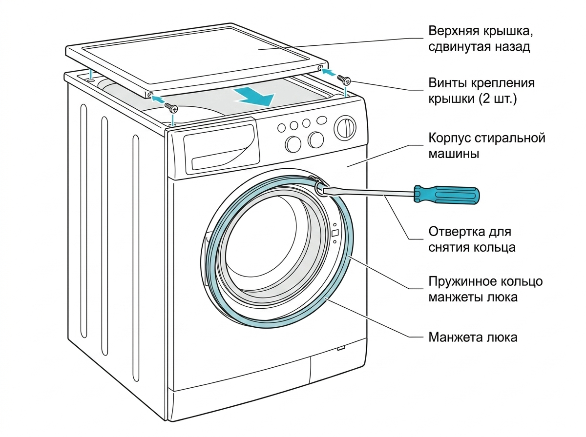 Снятие пружинного кольца, крепящего манжету люка, при разборке стиральной машины Ariston — так добираются до уплотнителя для замены