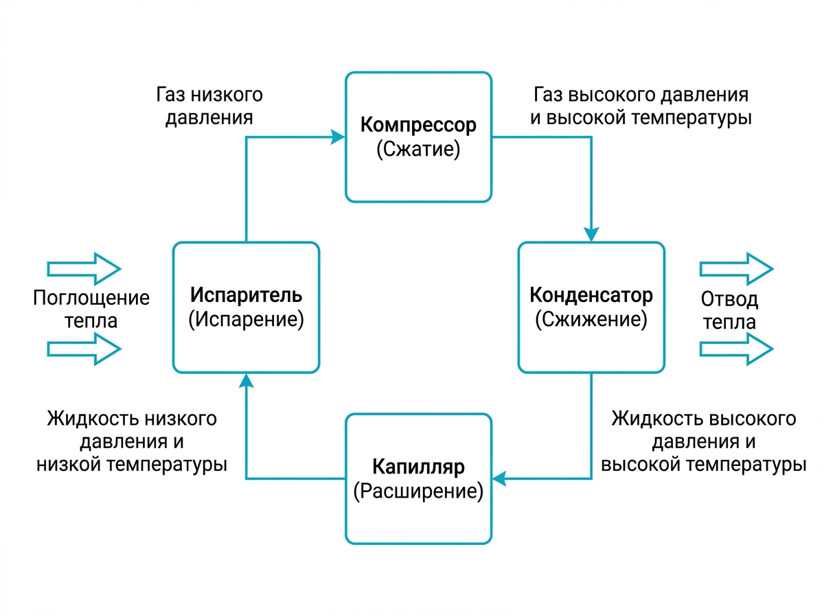 Холодильный контур: холод и иней образуются на испарителе — именно его талая вода при оттайке стекает в дренаж, и при засоре дренажного отверстия оказывается внутри камеры или под холодильником.