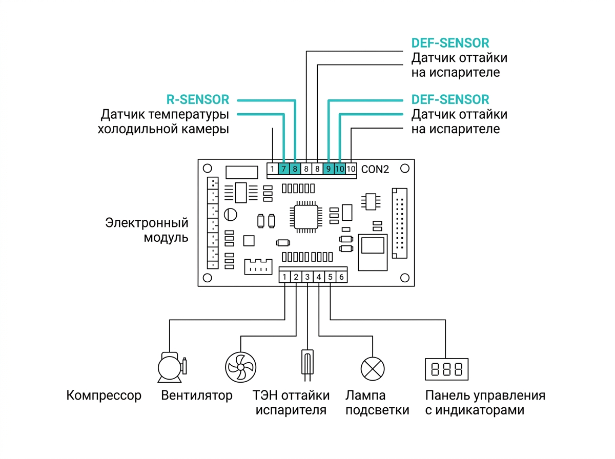 Как связаны датчики и плата холодильника: датчик холодильной камеры (R-SENSOR) и датчик оттайки на испарителе (DEF-SENSOR) приходят на разъём модуля — по ним он решает, когда включить компрессор и ТЭН оттайки