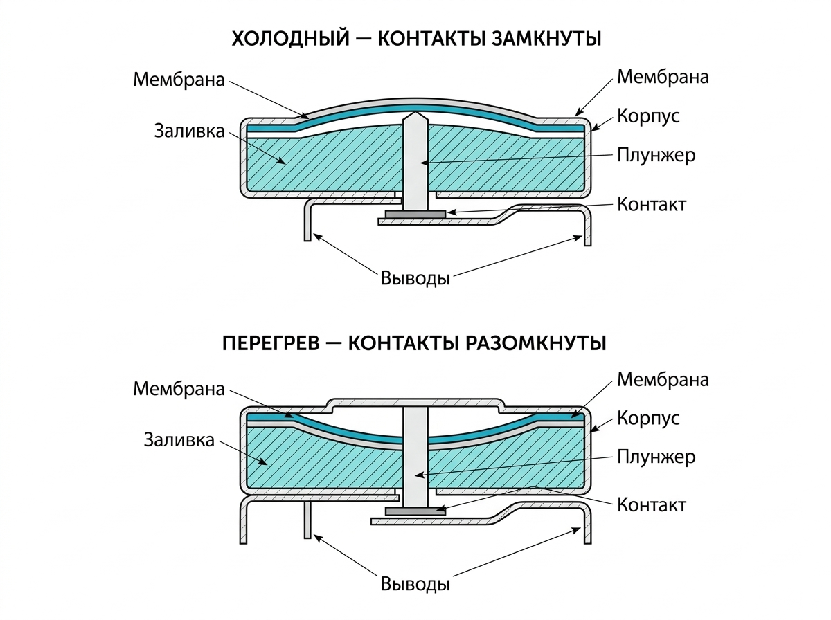 Внутри мотора пылесоса стоит биметаллический термовыключатель — «кликсон». Пока воздух свободно проходит через мешок и фильтры, он охлаждает мотор; как только поток падает, мембрана выгибается, толкает плунжер и размыкает контакты. Пылесос замолкает, а через 10–20 минут остывает и включается сам.