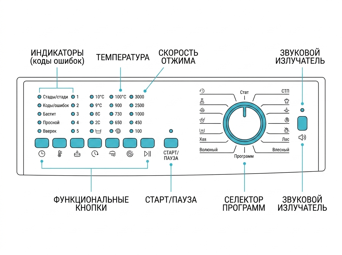 Панель управления стиральной машины Атлант (модуль MAC110): индикаторы и селектор программ, по миганию которых считываются коды ошибок