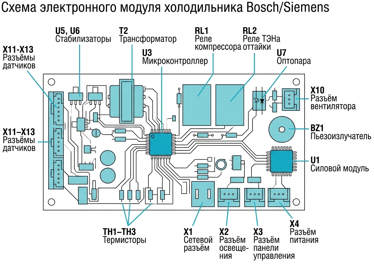 Электронный модуль холодильников Bosch/Siemens: расположение разъёмов и связи модуля с датчиками, компрессором и узлом оттайки