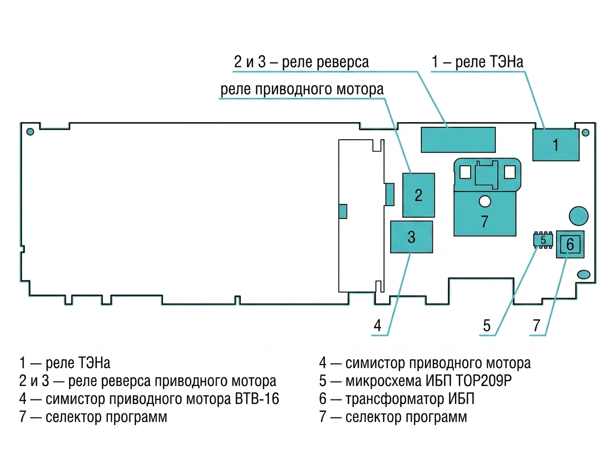 Электронный модуль стиральной машины Bosch/Siemens: расположение реле ТЭНа, реле и симистора мотора — по коду ошибки видно, какой из этих узлов вышел из строя