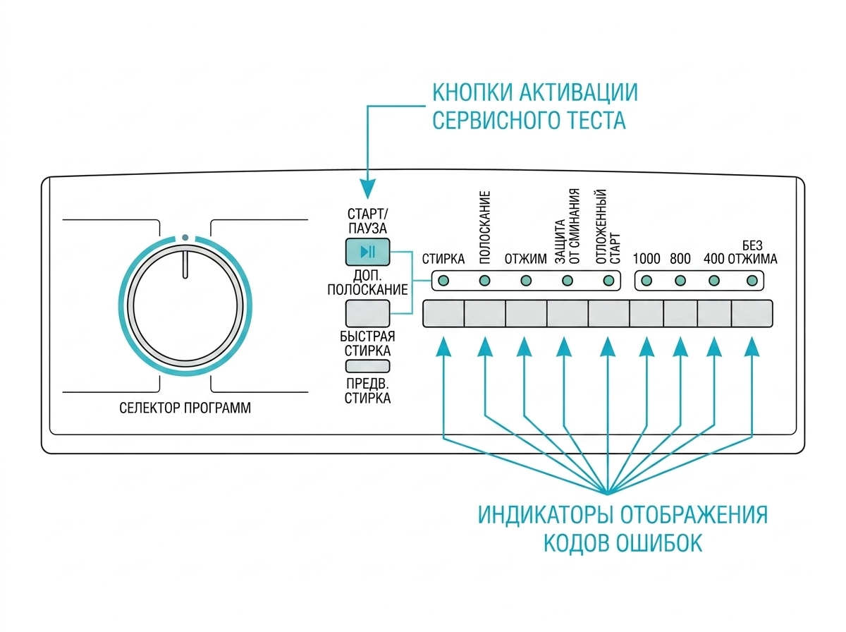 Панель управления Bosch Logixx 5/6: положение селектора и индикаторы, по которым запускается сервисный тест и считываются коды ошибок