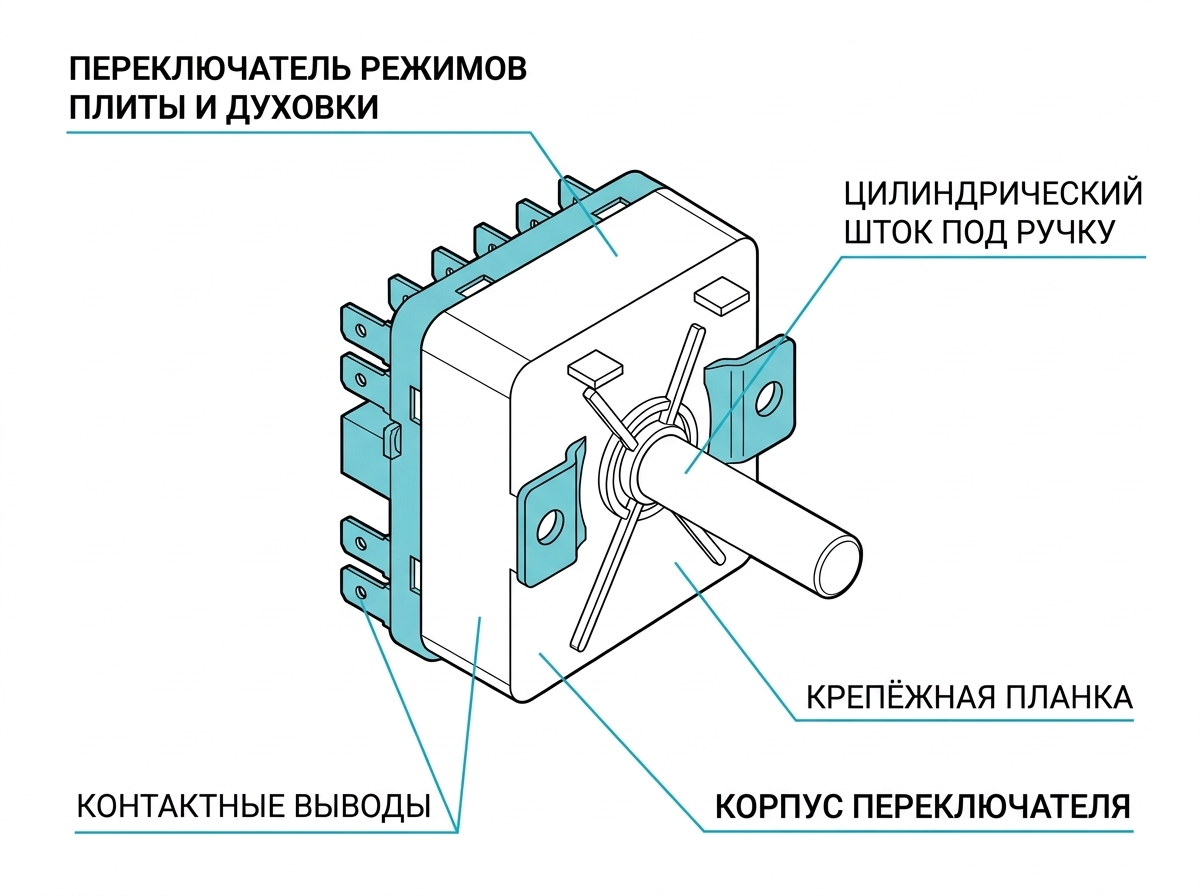 Переключатель режимов: спереди — шток под ручку, сзади — ряды плоских выводов, по краям — планка с двумя винтами. Эти три вещи и решают, подойдёт ли переключатель на замену: профиль и длина штока, число и расположение выводов, крепление к панели.