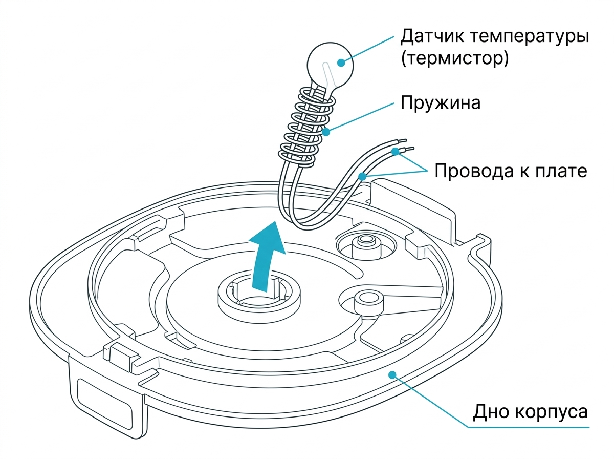 Нижний датчик температуры сидит подпружиненным в центре дна, прямо под чашей, и вынимается вверх вместе с проводами. Именно его сопротивление проверяют при ошибках E1 и E2 — и его же меняют, если значения не сходятся с таблицей